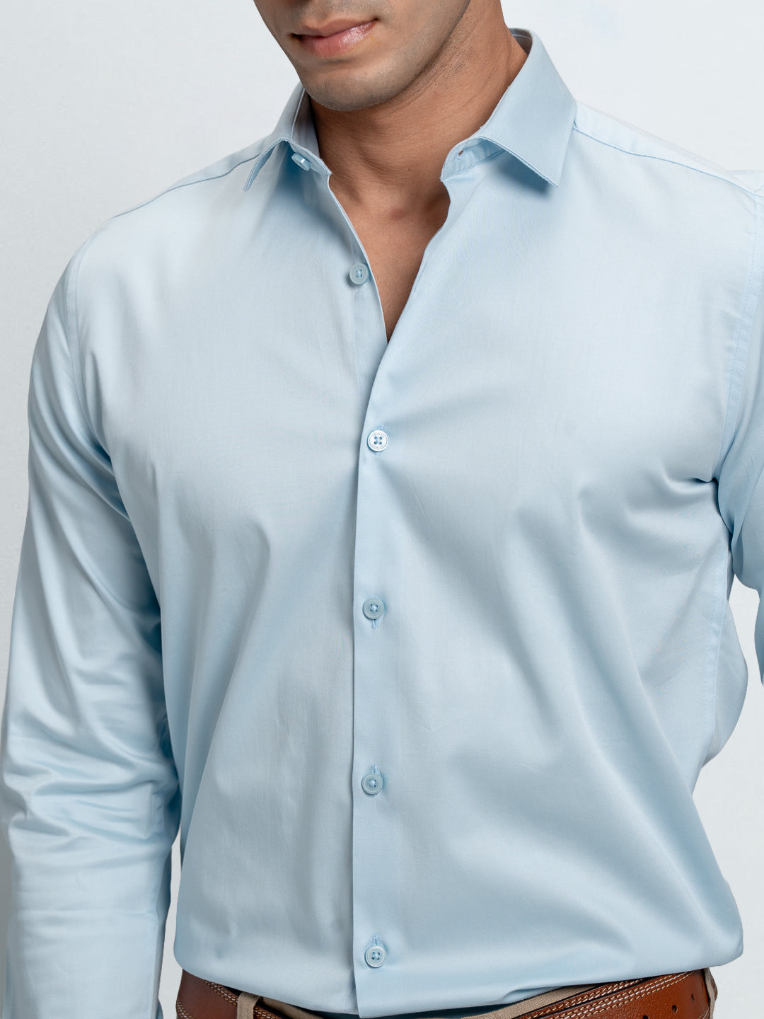Men's Satin Stretch Cotton Shirt Sky Blue