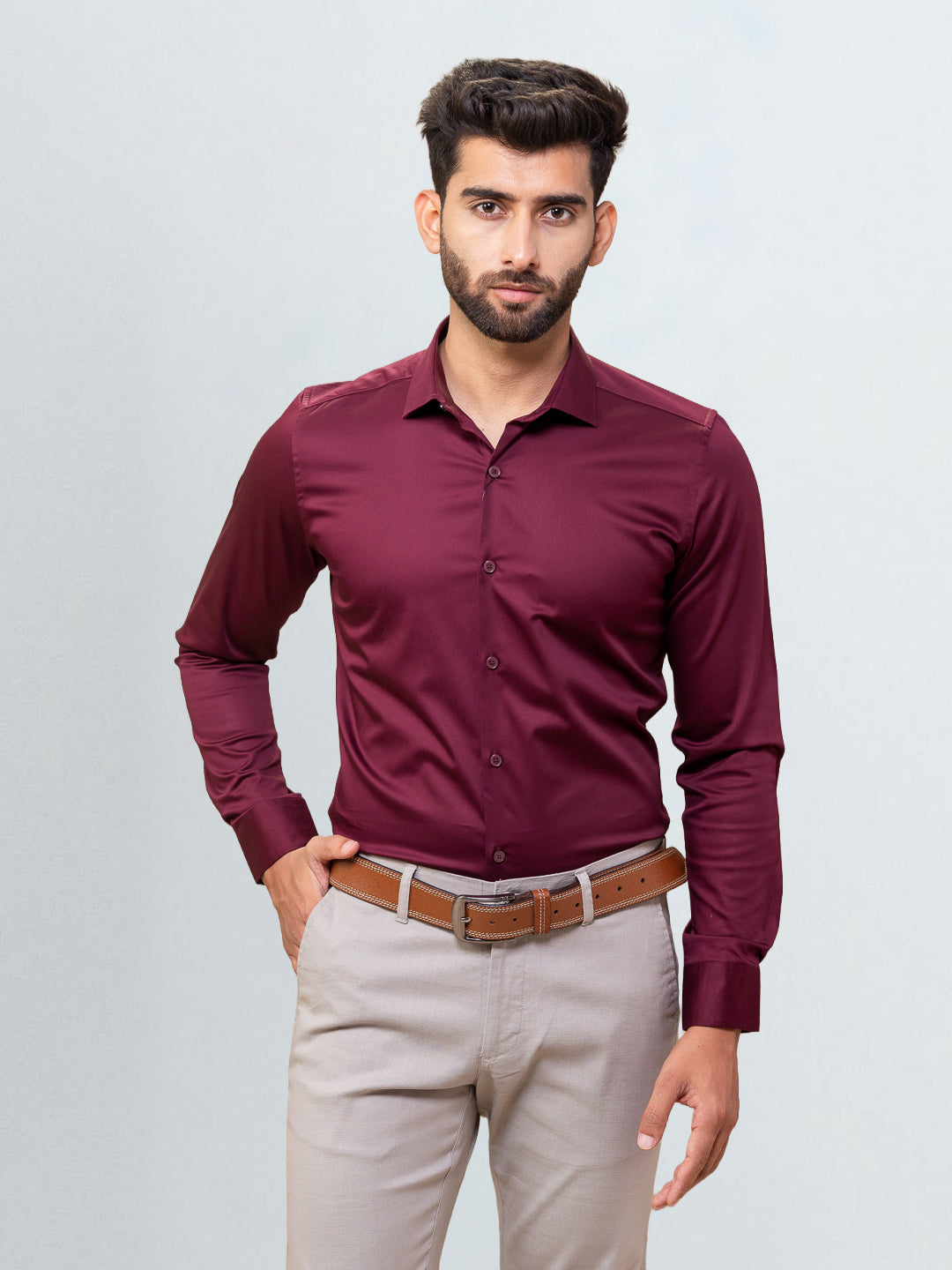 Men's Satin Stretch Cotton Shirt Maroon