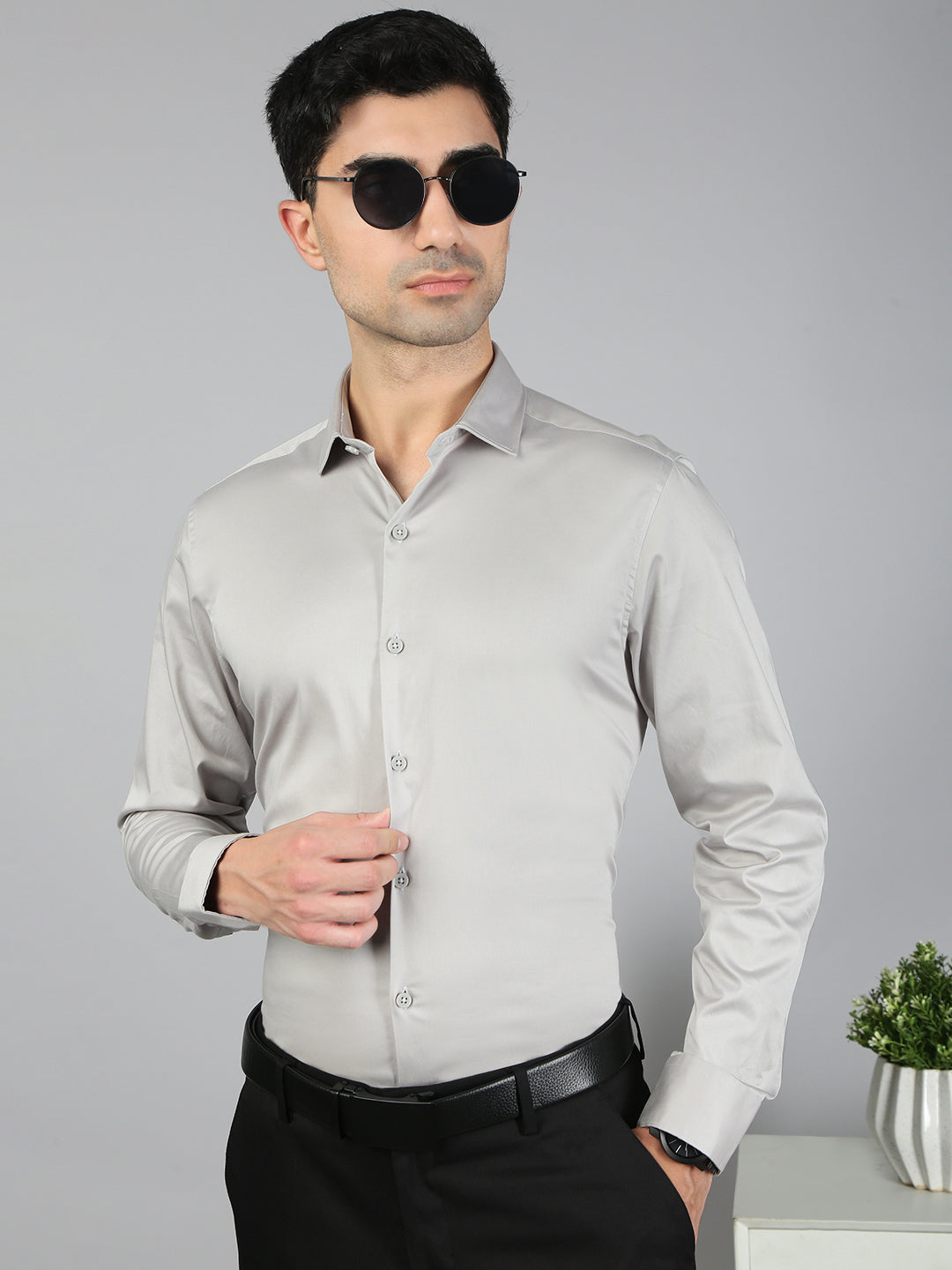 Men Stretch Cotton Shirt Silver FS33