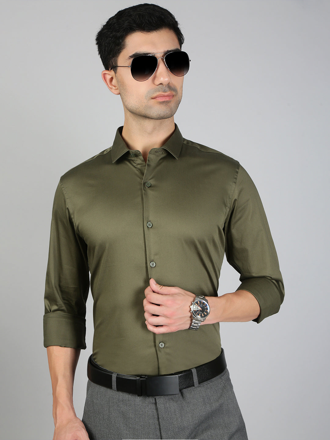 Men Stretch Cotton Shirt Olive Green FS32
