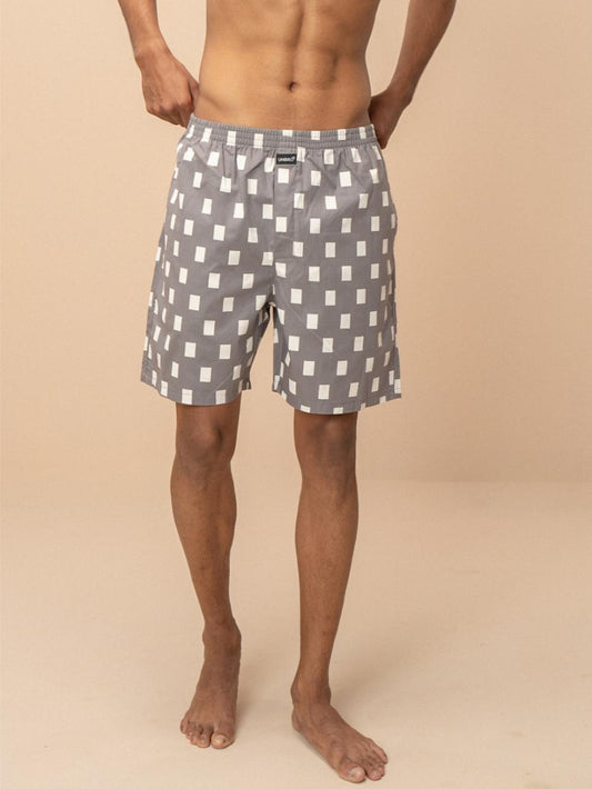 Men 100% Combed Cotton Grey Woven Printed Boxer Long Shorts WB47
