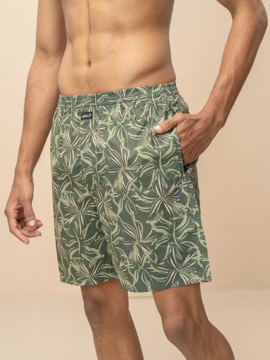 Men 100% Combed Cotton Olive Green Woven Printed Boxer Long Shorts WB54