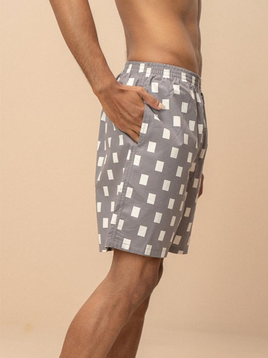 Men 100% Combed Cotton Grey Woven Printed Boxer Long Shorts WB47