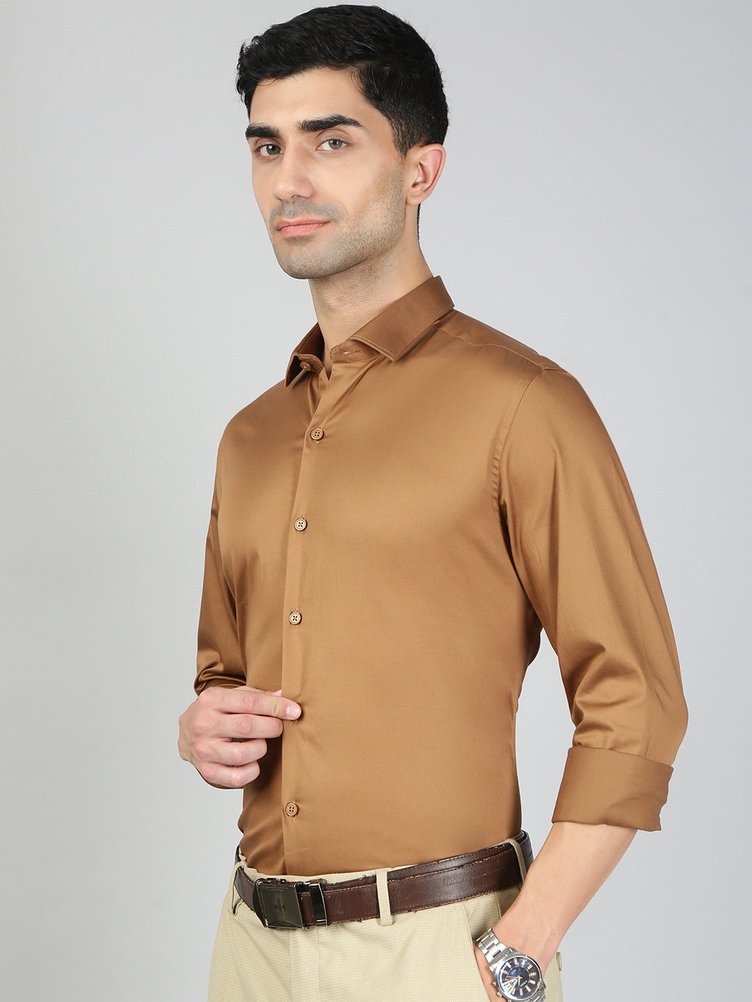 Men Stretch Cotton Shirt Dark Brown FS29
