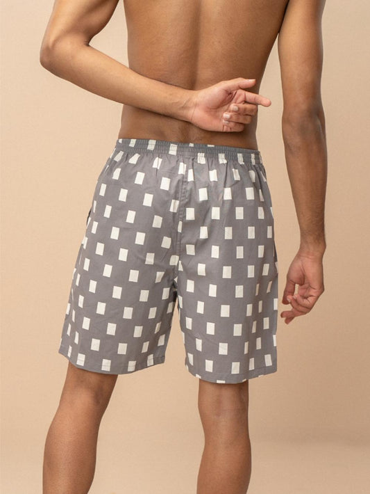 Men 100% Combed Cotton Grey Woven Printed Boxer Long Shorts WB47
