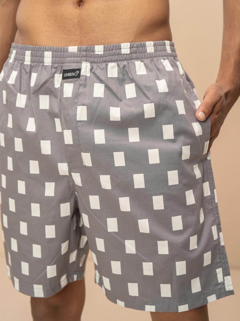 Men 100% Combed Cotton Grey Woven Printed Boxer Long Shorts WB47