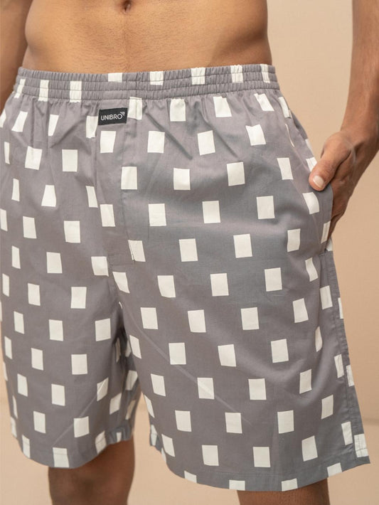 Men 100% Combed Cotton Grey Woven Printed Boxer Long Shorts WB47