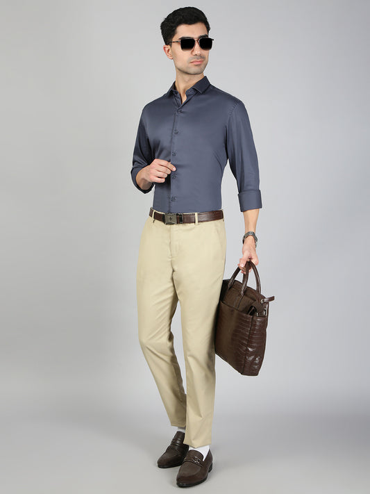 Satin Stretch Cotton Shirt Greyish Blue