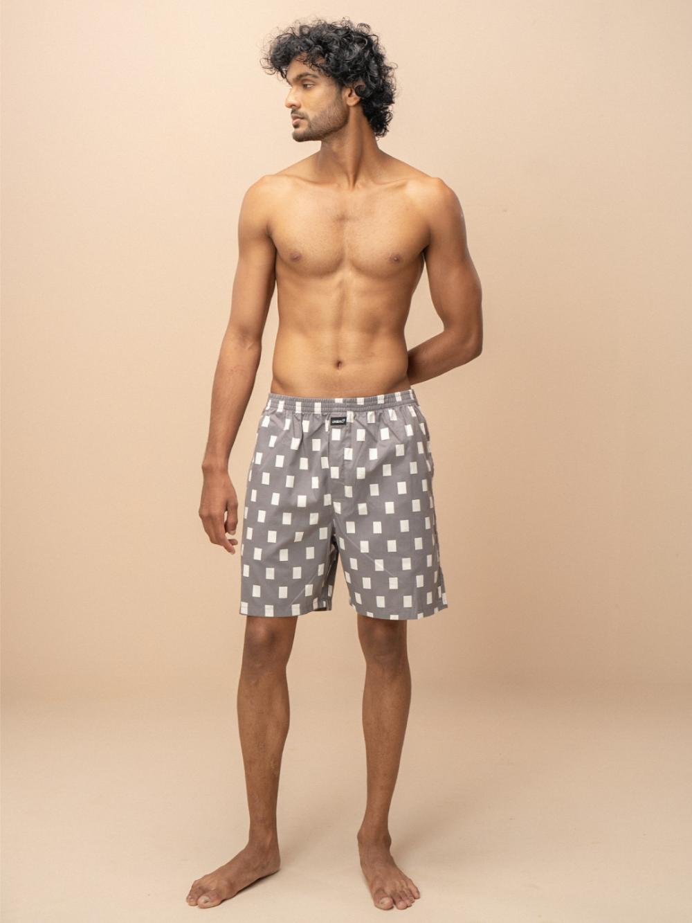 Men 100% Combed Cotton Grey Woven Printed Boxer Long Shorts WB47