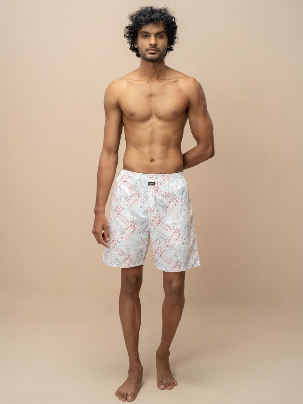 Men 100% Combed Cotton Off White Woven Printed Boxer Long Shorts WB46