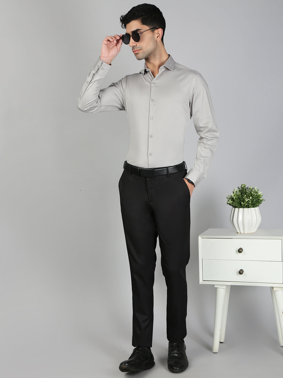 Men Stretch Cotton Shirt Silver FS33