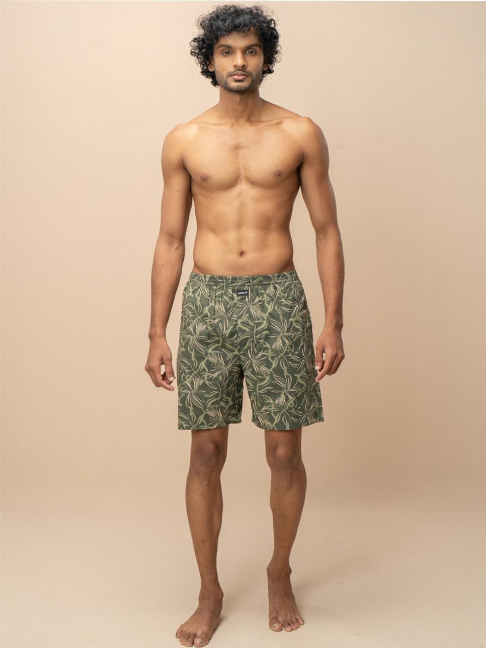 Men 100% Combed Cotton Olive Green Woven Printed Boxer Long Shorts WB54