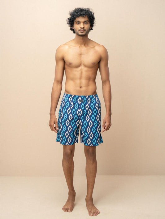 Men 100% Combed Cotton Blue Woven Printed Boxer Long Shorts WB48
