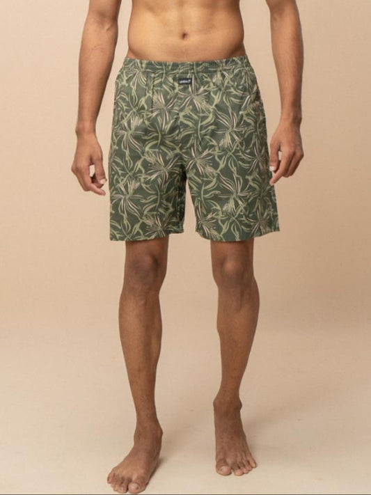 Men 100% Combed Cotton Olive Green Woven Printed Boxer Long Shorts WB54