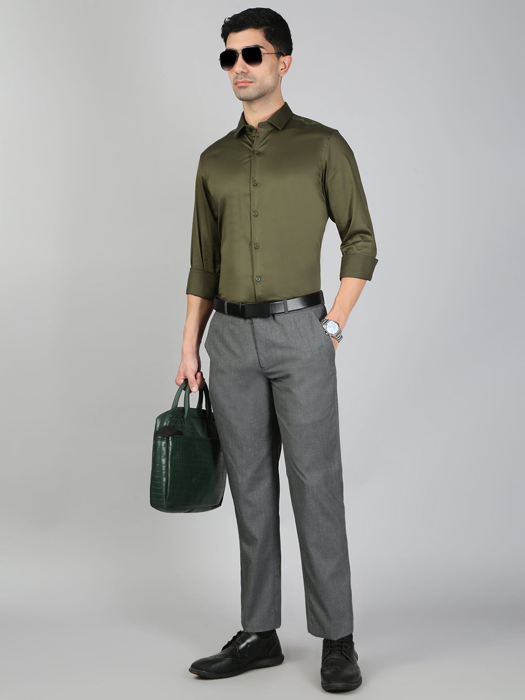 Men Stretch Cotton Shirt Olive Green FS32