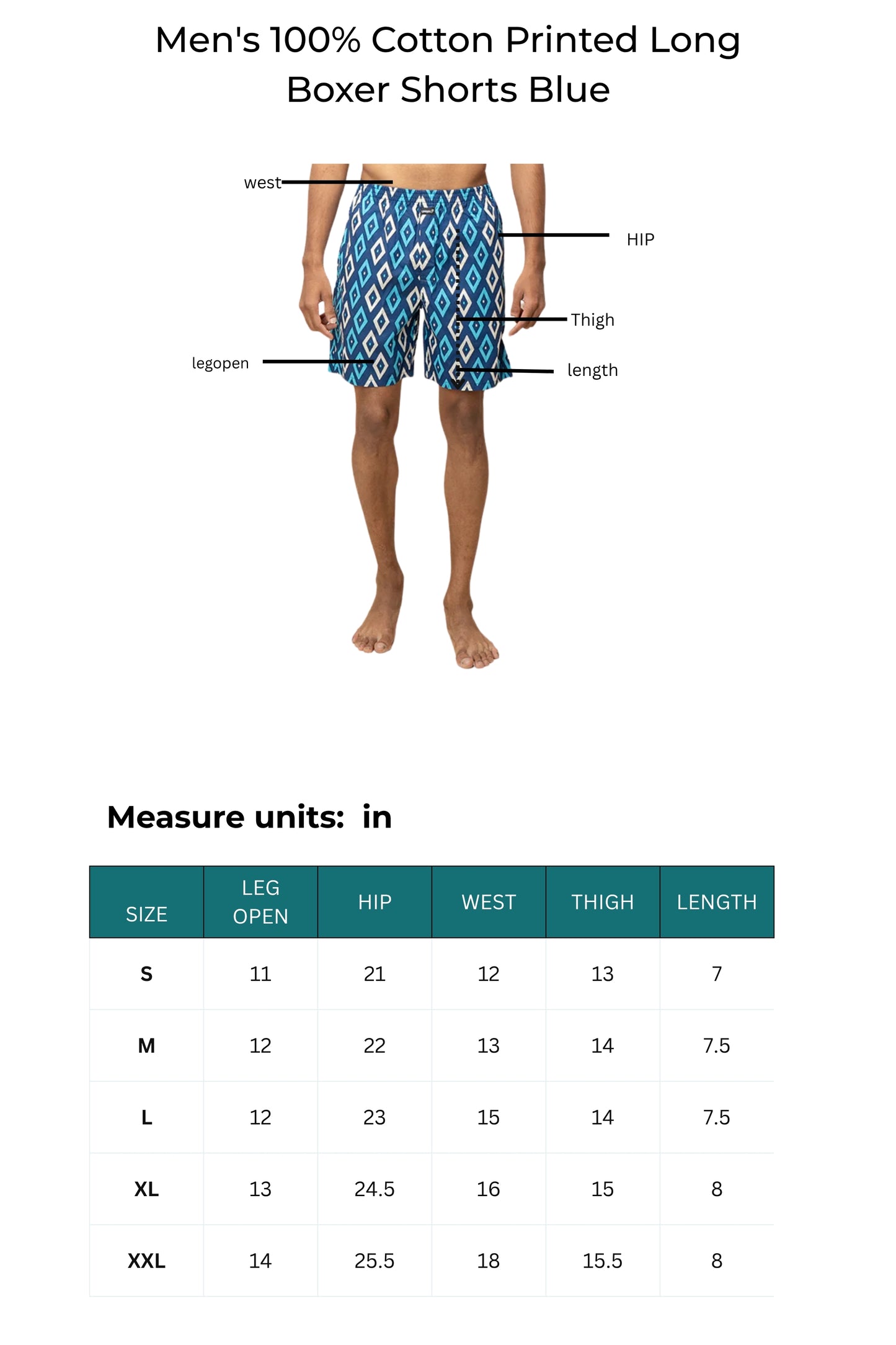 Men's 100% Cotton Printed Long Boxer Shorts Blue