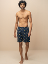 Men 100% Combed Cotton Navy Blue Woven Printed Boxer Long Shorts WB52