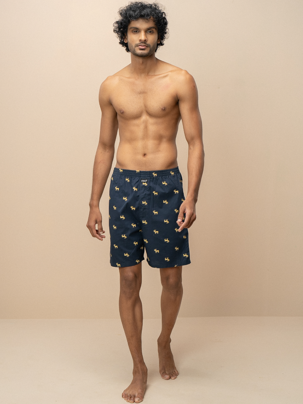 Men 100% Combed Cotton Navy Blue Woven Printed Boxer Long Shorts WB52
