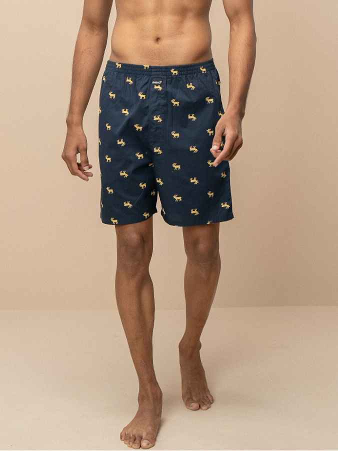 Men 100% Combed Cotton Navy Blue Woven Printed Boxer Long Shorts WB52