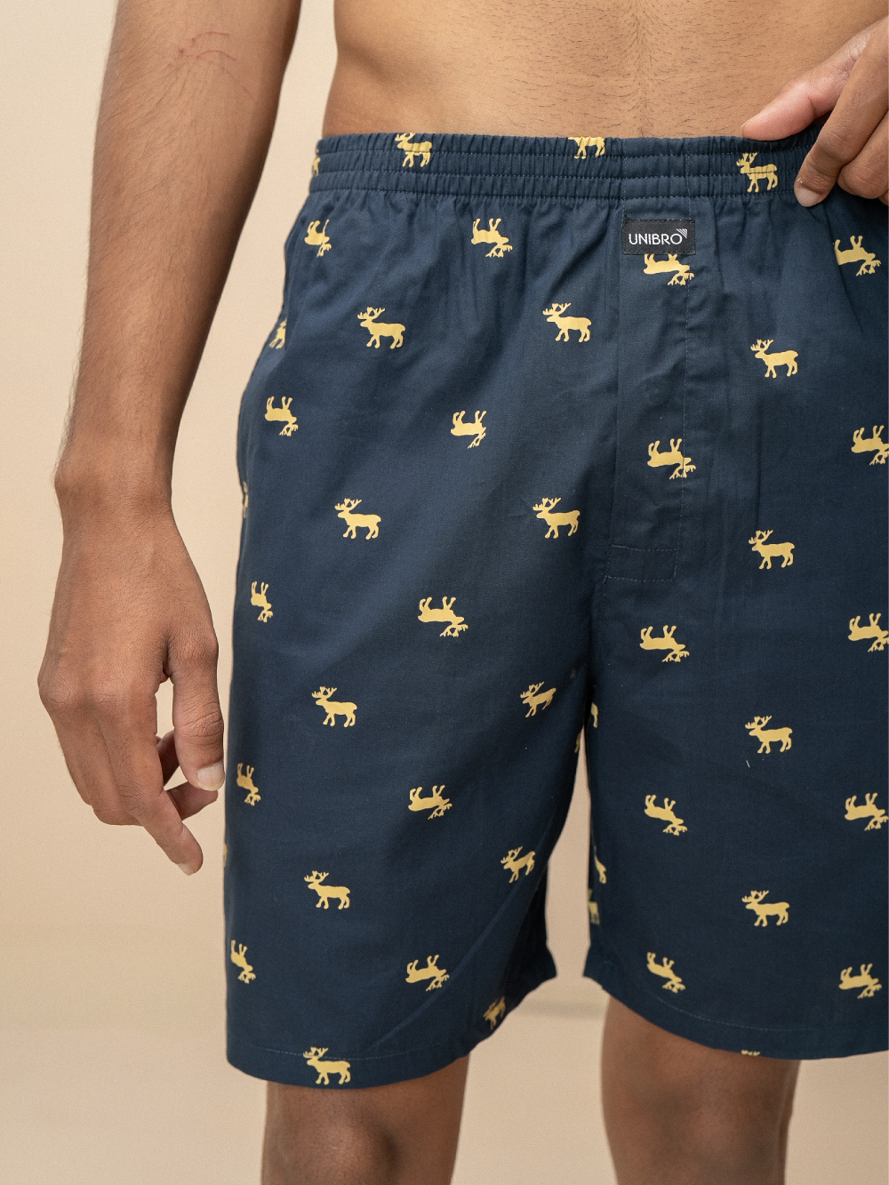Men 100% Combed Cotton Navy Blue Woven Printed Boxer Long Shorts WB52