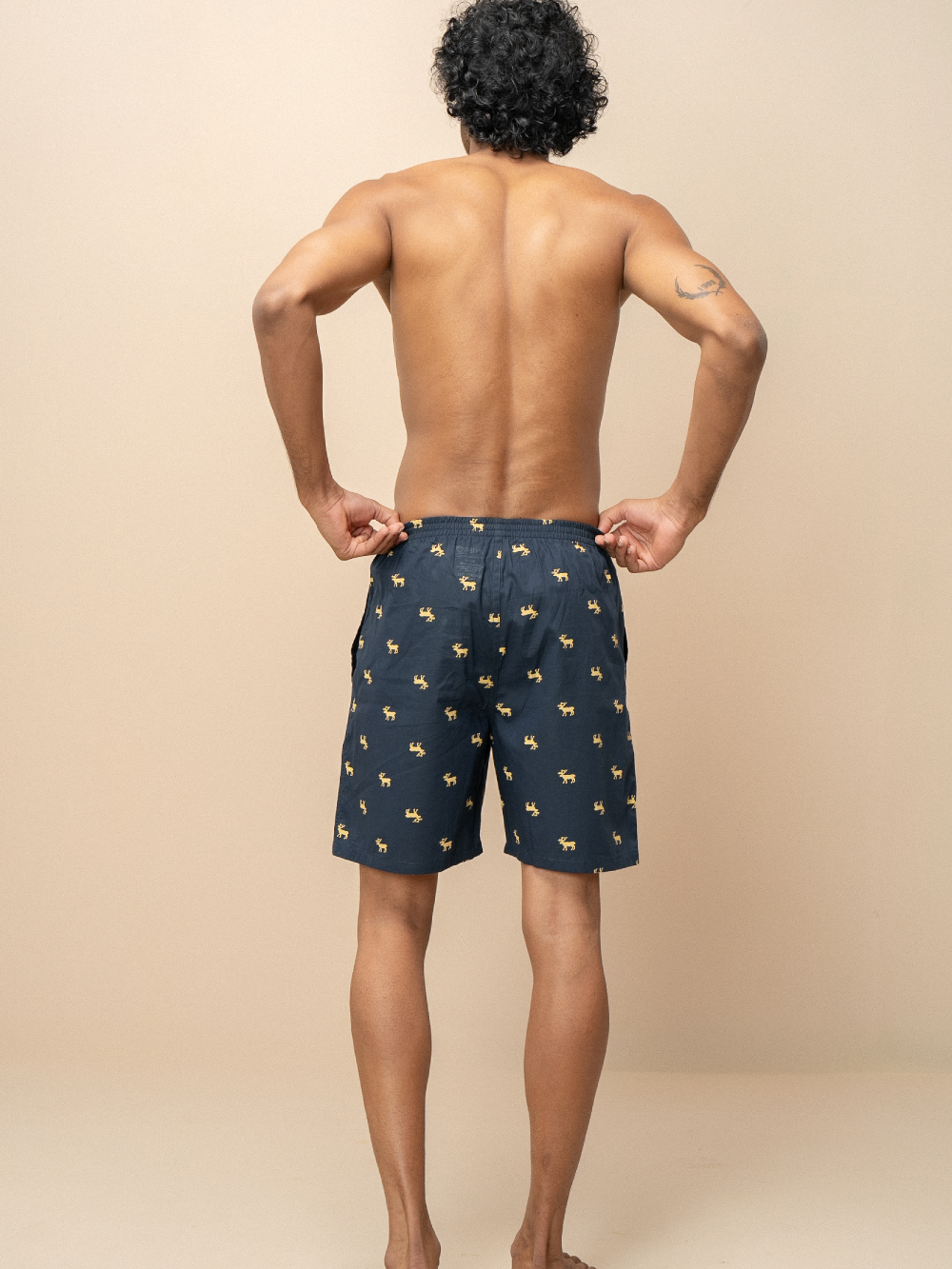 Men 100% Combed Cotton Navy Blue Woven Printed Boxer Long Shorts WB52