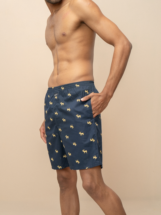 Men 100% Combed Cotton Navy Blue Woven Printed Boxer Long Shorts WB52