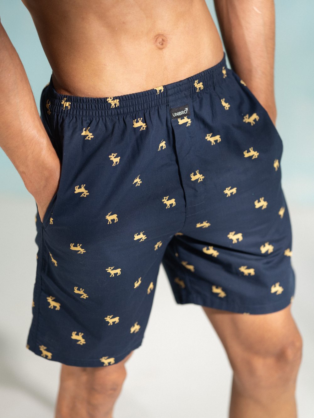Men 100% Combed Cotton Navy Blue Woven Printed Boxer Long Shorts WB52