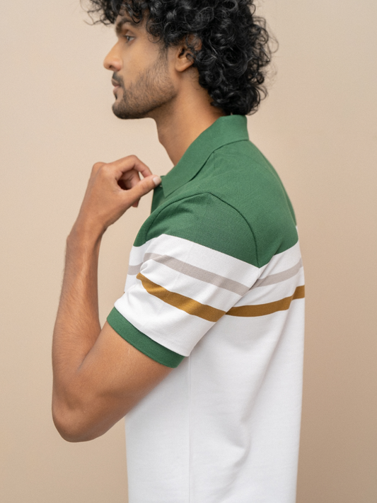 Men Smart Fit Engineered Polo T-Shirt Green with White EN15