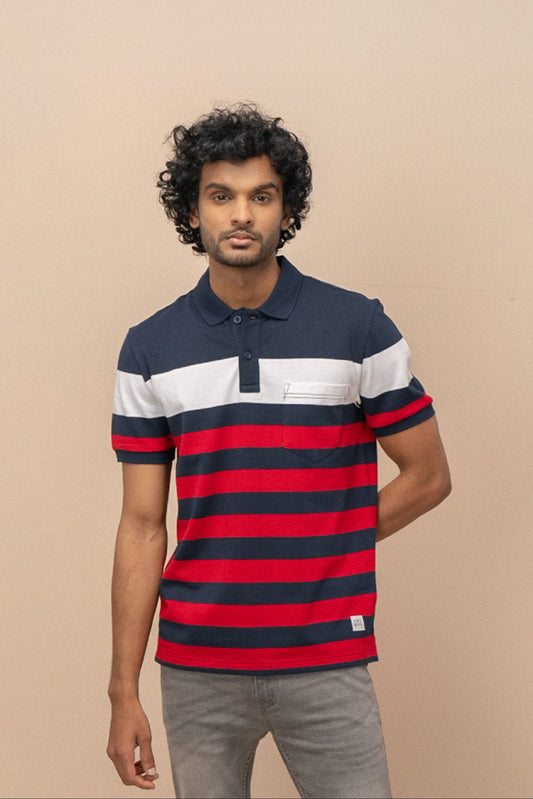 Men Smart Fit Engineered Polo T-Shirt Navy with Red EN23