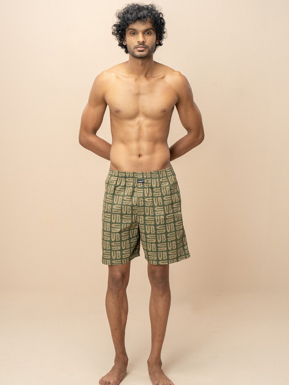 Men 100% Combed Cotton Green Woven Printed Boxer Long Shorts WB49
