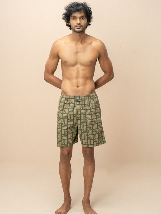 Men 100% Combed Cotton Green Woven Printed Boxer Long Shorts WB49