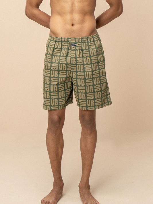 Men 100% Combed Cotton Green Woven Printed Boxer Long Shorts WB49