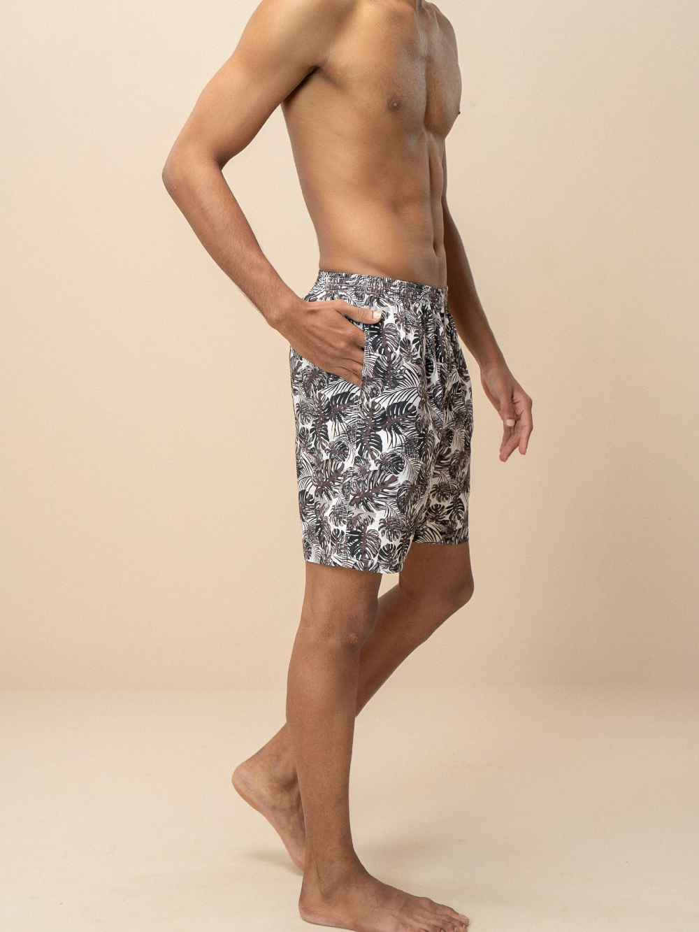 Men 100% Combed Cotton Brown Woven Printed Boxer Long Shorts WB53