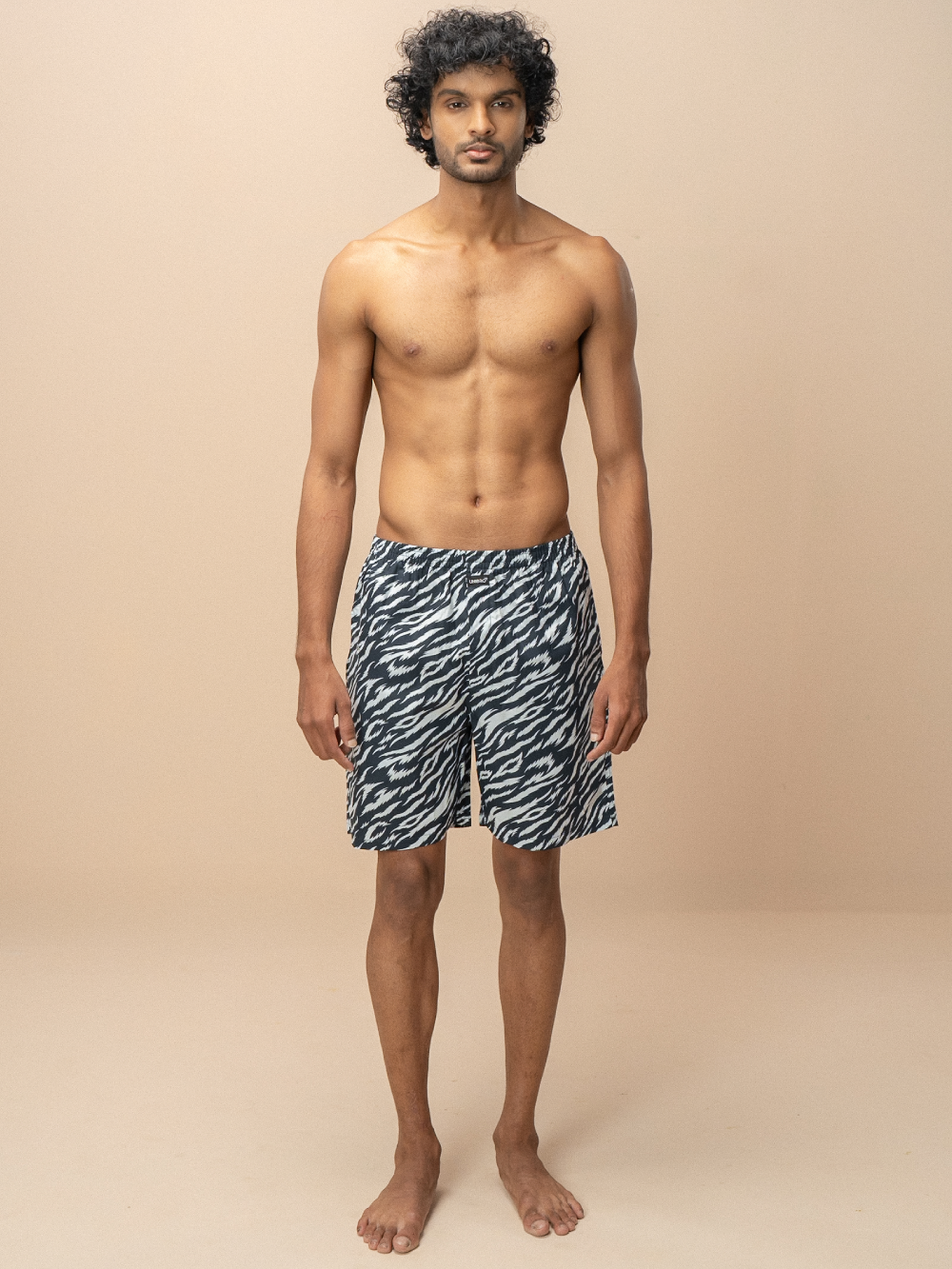 Men 100% Combed Cotton Navy Woven Printed Boxer Long Shorts WB56