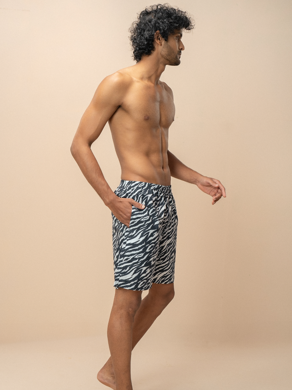 Men 100% Combed Cotton Navy Woven Printed Boxer Long Shorts WB56