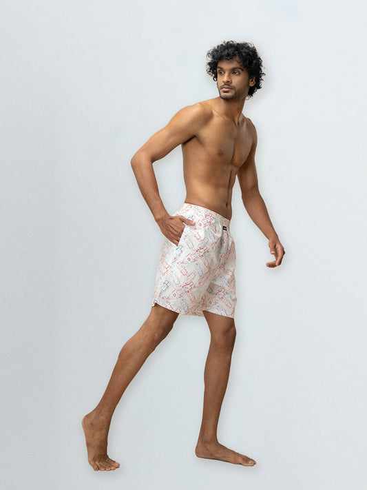 Men's 100% Cotton Printed Long Boxer Shorts Off White