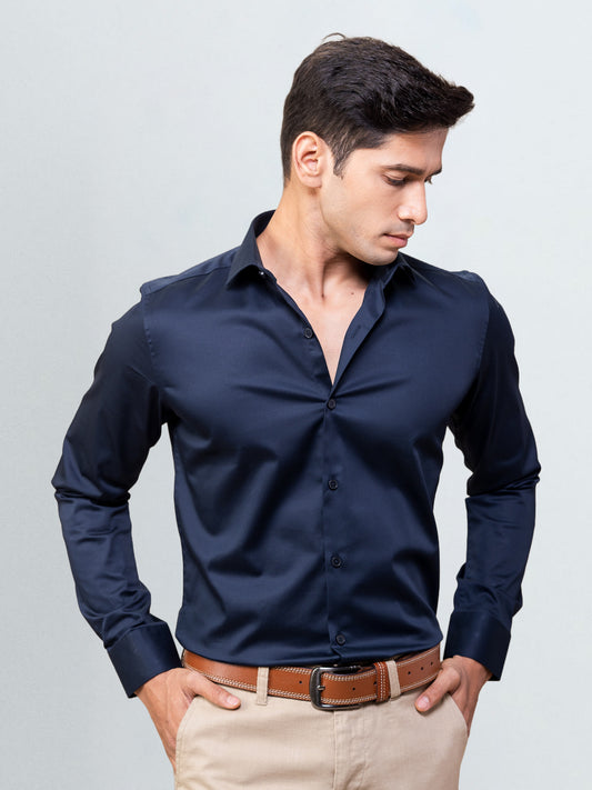 Men's Satin Stretch Cotton Shirt Light Navy