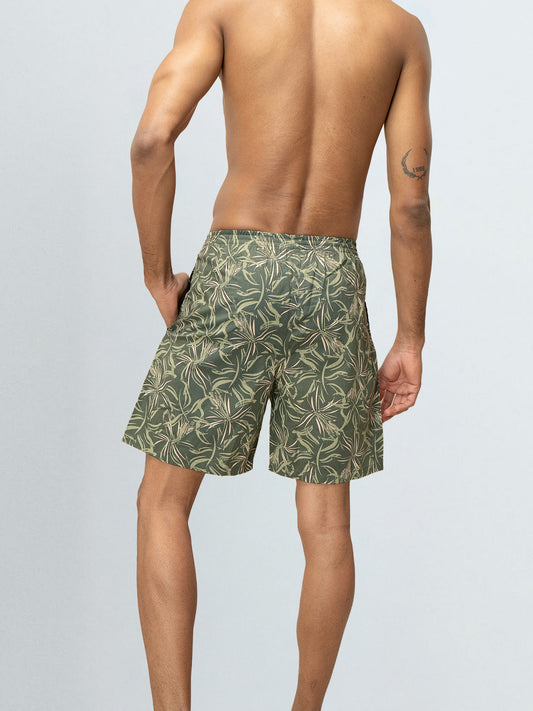 Men's 100% Cotton Printed Long Boxer Shorts Olive
