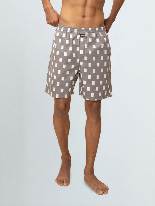 Men's 100% Cotton Printed Long Boxer Shorts Grey
