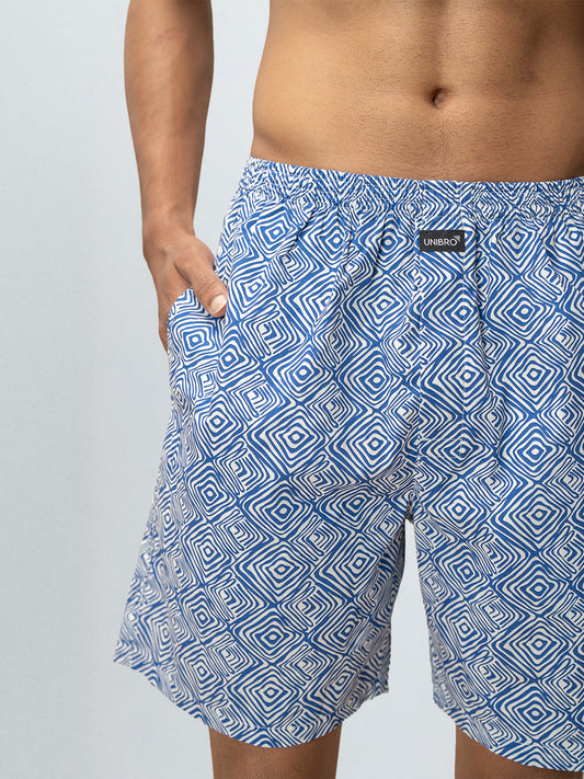 Men's 100% Cotton Printed Long Boxer Shorts Blue