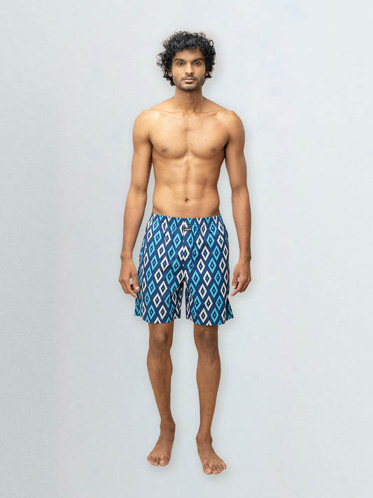 Men's 100% Cotton Printed Long Boxer Shorts Blue