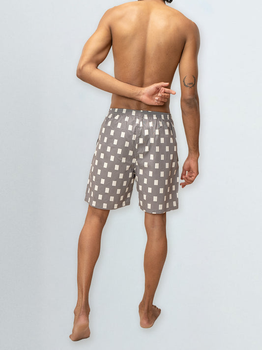 Men's 100% Cotton Printed Long Boxer Shorts Grey