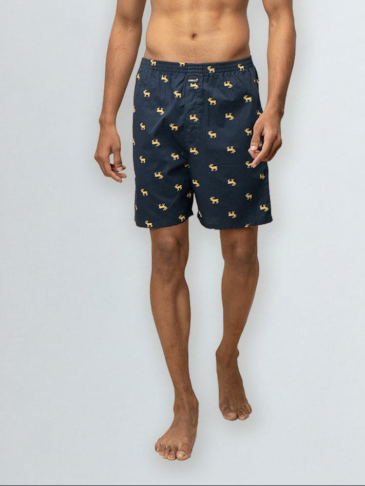 Men's 100% Cotton Printed Long Boxer Shorts Navy Blue
