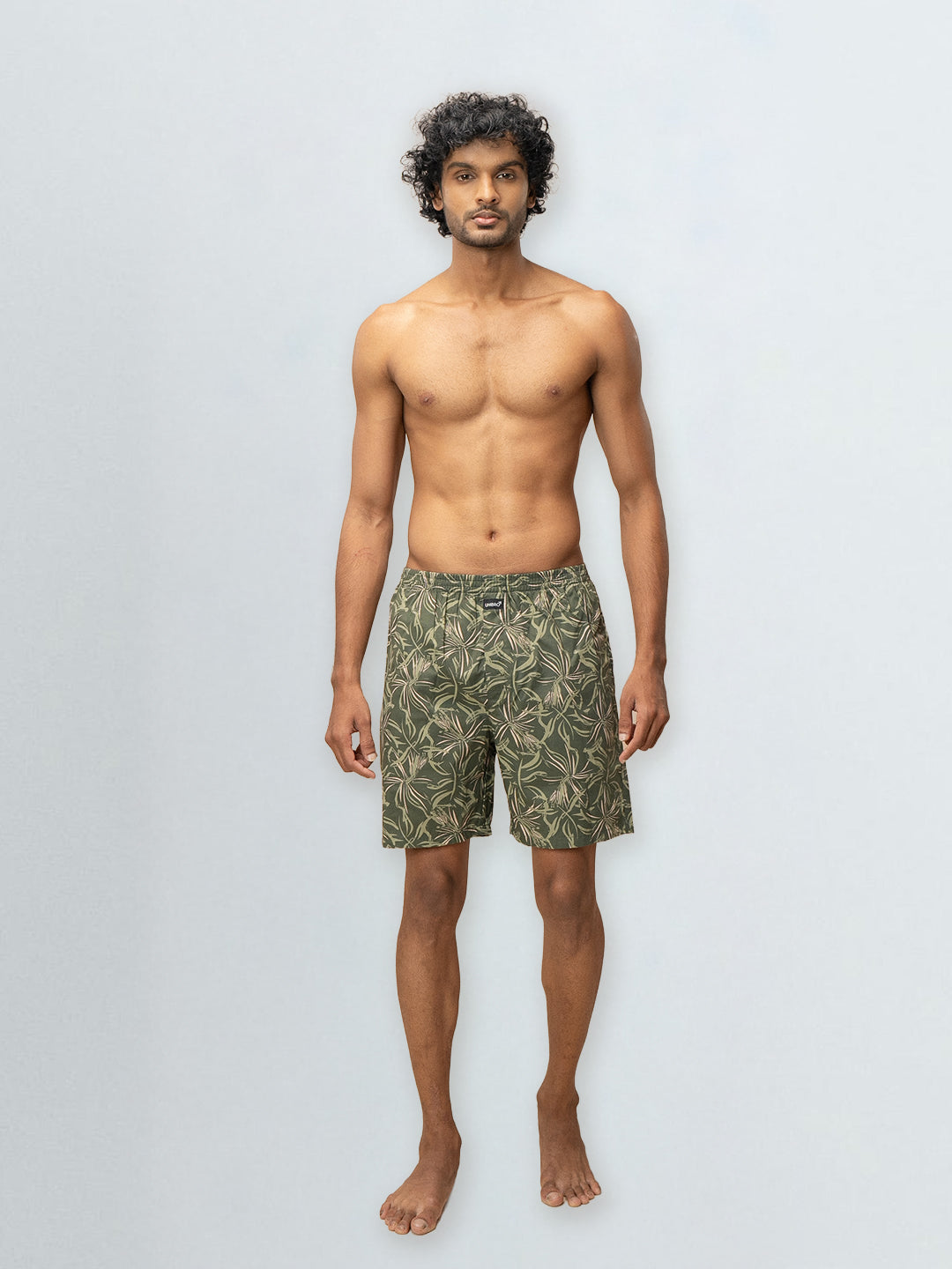 Men's 100% Cotton Printed Long Boxer Shorts Olive