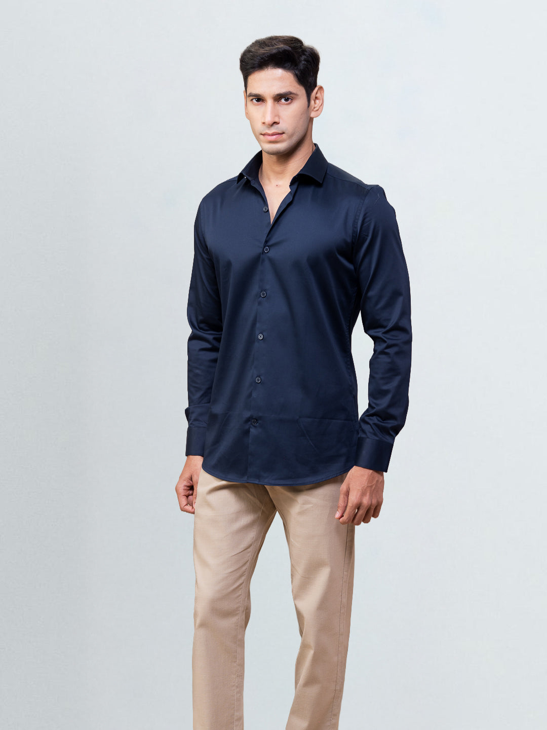 Men's Satin Stretch Cotton Shirt Light Navy
