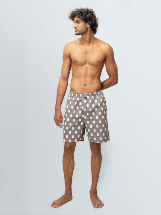 Men's 100% Cotton Printed Long Boxer Shorts Grey