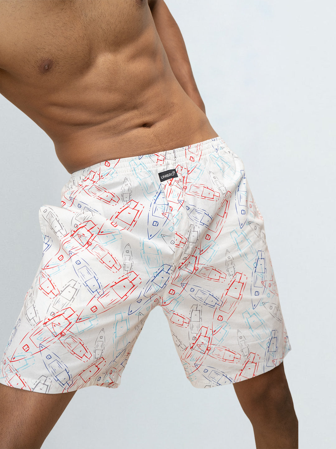 Men's 100% Cotton Printed Long Boxer Shorts Off White