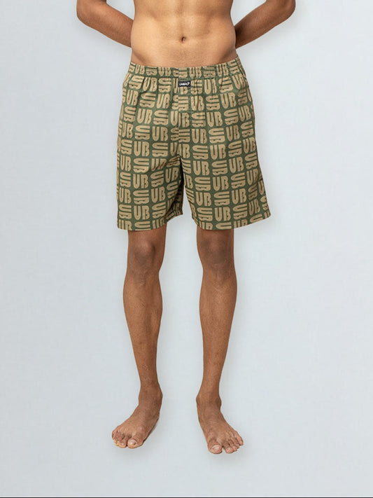 Men's 100% Cotton Printed Long Boxer Shorts Green