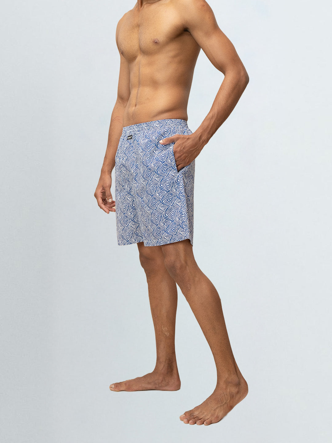 Men's 100% Cotton Printed Long Boxer Shorts Blue
