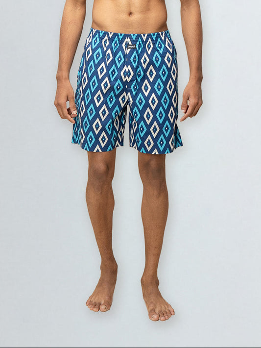 Men's 100% Cotton Printed Long Boxer Shorts Blue